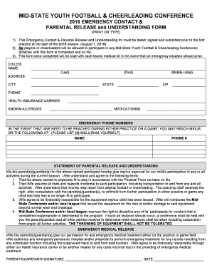Mid-State Youth Football & Cheerleading Parental Release Form
