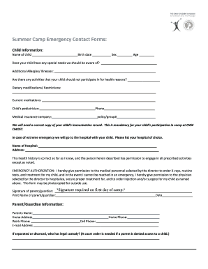 Summer Camp Emergency Contact Form