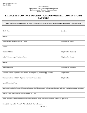 Montana Day Care Emergency Contact and Consent Form