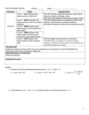 Quadratic Functions Lesson Notes
