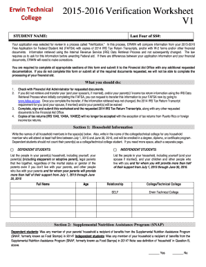 Erwin Technical College 2015-2016 Verification Worksheet