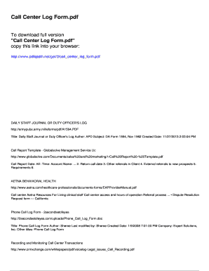 Fillable Online Call Center Log Form - Pdfslibforyoucom Fax Email Print ...