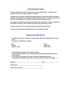 Vehicle Repair Authorization Form