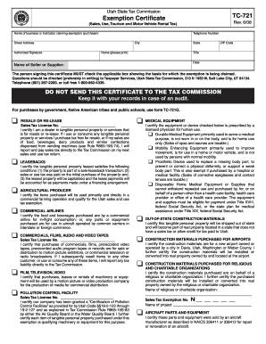 Utah Sales Tax Exemption Certificate TC-721