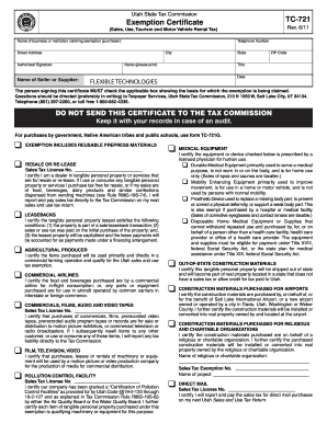 Utah Sales Tax Exemption Certificate TC-721