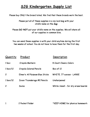 Kindergarten Supply List