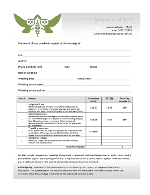 Statement of Fees for Marriage Celebrant Services