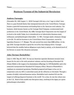 Business Tycoons of the Industrial Revolution Worksheet