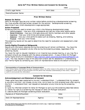 Early On Prior Written Notice and Consent for Screening