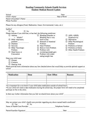 Student Medical Record Update Form