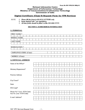 Digital Certificate Request Form for VPN Services