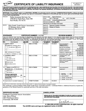 Certificate of Liability Insurance