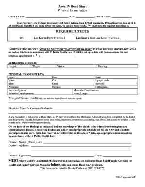 Indiana Head Start Physical Examination Form