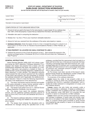 Hawaii Sublease Deduction Worksheet