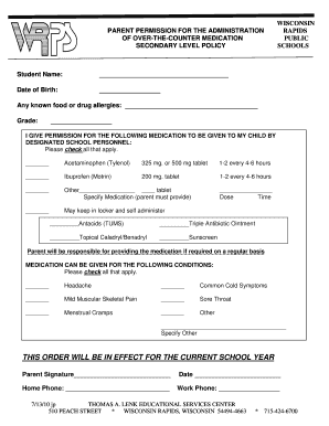 Wisconsin Parent Permission for Over-the-Counter Medication