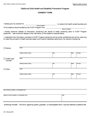 California Child Health and Disability Prevention Program Consent Form
