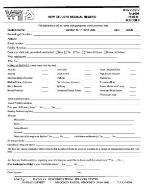 Wisconsin New Student Medical Record Form