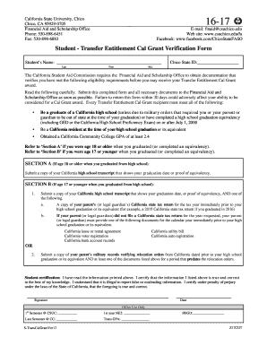 Transfer Entitlement Cal Grant Verification Form