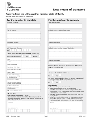 VAT411 Form for New Means of Transport Removal
