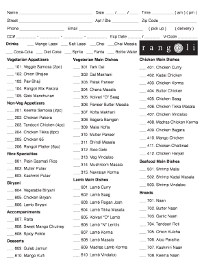 Indian Restaurant Order Form
