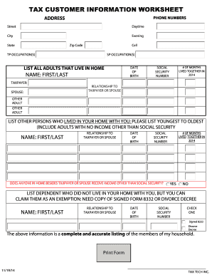 Tax Customer Information Worksheet