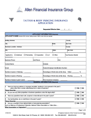 Tattoo and Body Piercing Insurance Application
