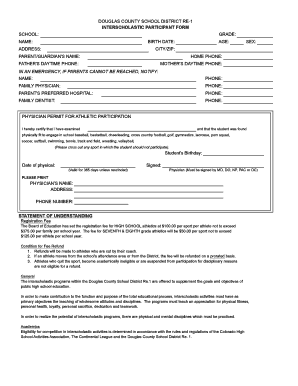 Douglas County School District Interscholastic Participant Form