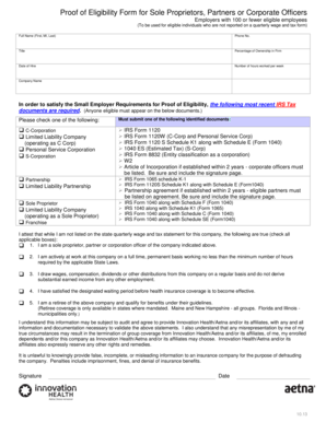 Proof of Eligibility Form for Sole Proprietors, Partners or Corporate Officers
