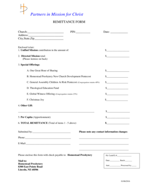 Partners in Mission for Christ Remittance Form