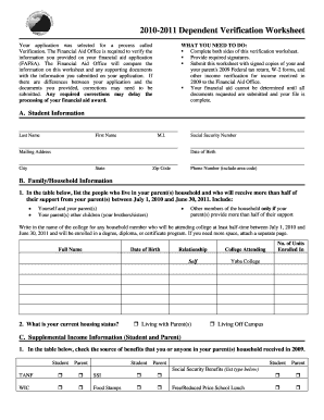 2010-2011 Dependent Verification Worksheet