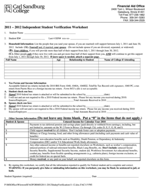 2011-2012 Independent Student Verification Worksheet