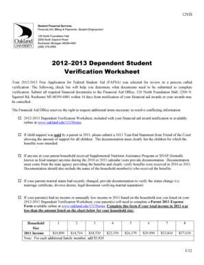 2012-2013 Dependent Student Verification Worksheet