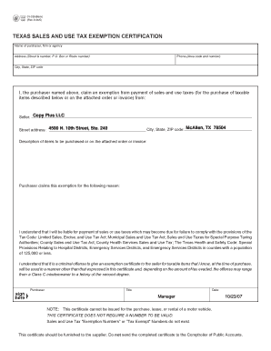 Texas Sales and Use Tax Exemption Certification