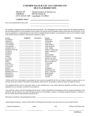 Multi-Jurisdiction Sales and Use Tax Certificate