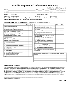 La Salle Prep Medical Information Summary