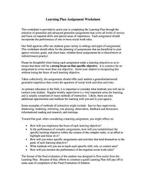 Social Work Learning Plan Assignment Worksheet