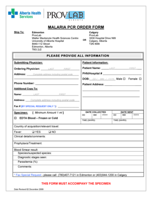 Malaria PCR Order Form