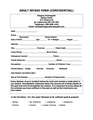 Adult Intake Form for Homeopathic Treatment