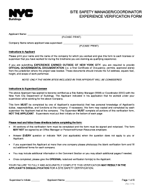 Site Safety Manager/Coordinator Experience Verification Form