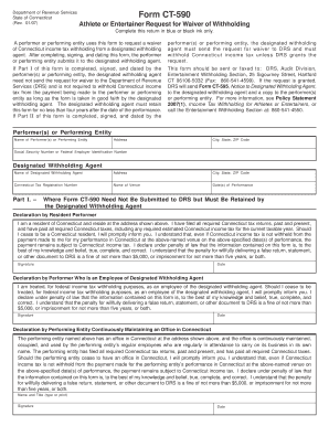 Connecticut Form CT-590 Athlete or Entertainer Request for Waiver of Withholding