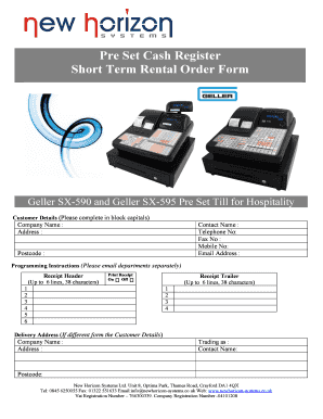 Short Term Rental Order Form for Pre Set Cash Register