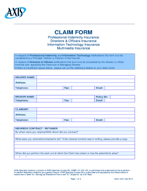 Professional Indemnity Insurance Claim Form