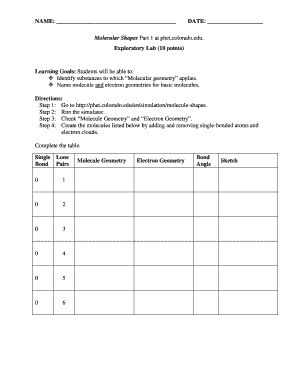 Molecular geometry worksheet - Exploratory Lab Molecular Shapes Part 1