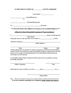 Affidavit for Head of Household Exemption of Wage Garnishment
