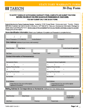 30-Day Statutory Warranty Form