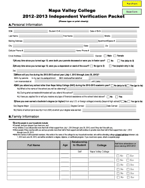 Napa Valley College 2012-2013 Independent Verification Packet