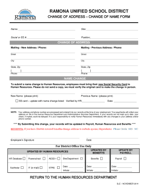 Ramona Unified School District Change of Address and Name Form