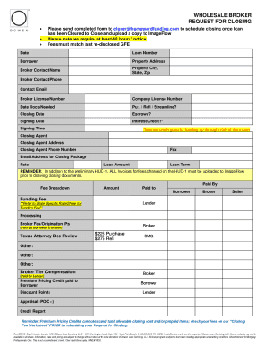 Wholesale Broker Request for Closing