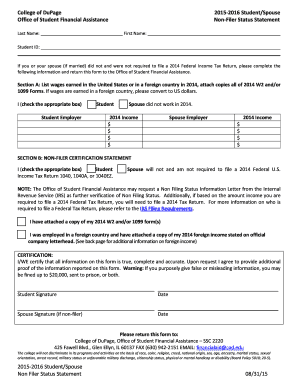 2015-2016 Student/Spouse Non-Filer Status Statement