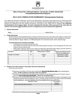 2015-2016 Verification Worksheet (Independent Student)